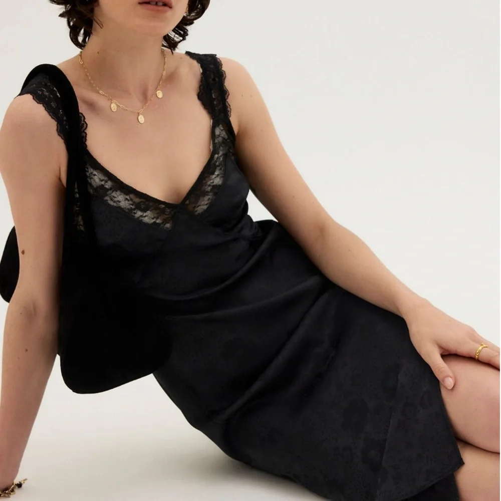 FREE PEOPLE TELL ME WHY MIDI SLIP DRESS BLACK SATIN LARGE